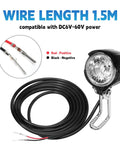 Electric Bike Front Light For Ebikes, 6V To 60V DC Compatible, 30 Lux Brightness, Two Pin Connector, 1.5 Meter Cable
