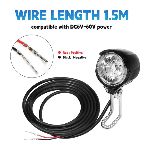 Electric Bike Front Light For Ebikes, 6V To 60V DC Compatible, 30 Lux Brightness, Two Pin Connector, 1.5 Meter Cable