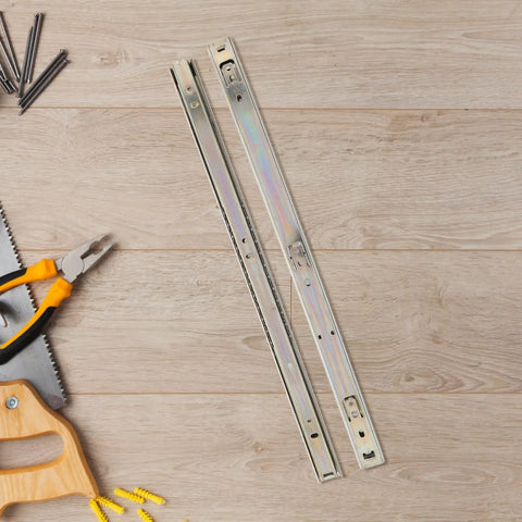 Heavy Duty Side Mount Drawer Slides 2 Pack Full Extension Ball Bearing Glides on wooden surface with tools