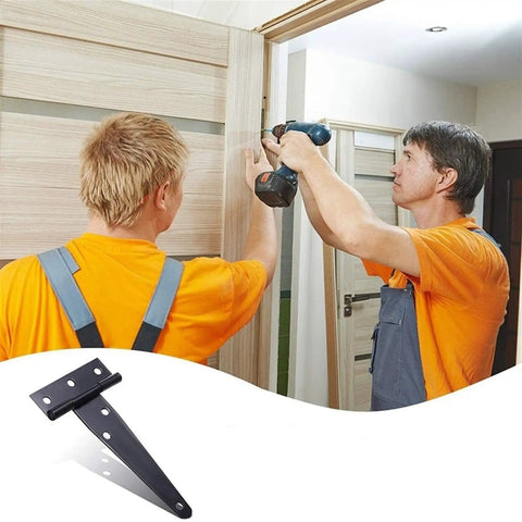 Two men installing a door using Six Pack 4 Inch T Hinges Antique Style Rustproof Black Door Window Fence Hinges Heavy Duty Hardware.