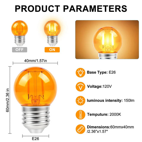 Amber LED Edison Light Bulb 2000K Soft Warm Dim Low Watt E26 Base Energy Efficient Ideal For Healthy Sleep Baby Nursery Bedroom Ambience 4 Pack Great For Nighttime Lighting And Relaxation, dimensions shown.