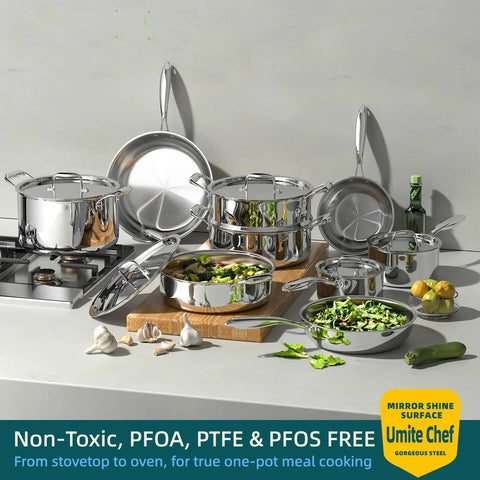 Stainless Steel Cookware Set 14 Piece 5 Ply Full Clad Induction Ready Pots And Pans on kitchen counter