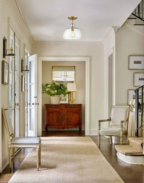 Modern Brass Ceiling Light Sleek Semi Flush Mount With Glass Shade Gold Finish, 10.6 Inch Diameter And 11.4 Inch Height in hallway