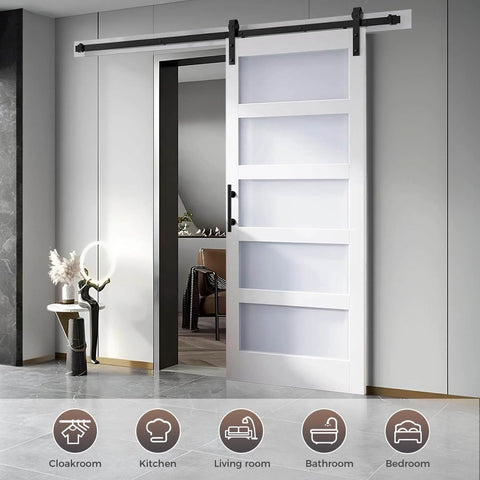 Installed Dope Double Glass MDF Barn Doors Set 18 Inch By 84 Inch With 6.6 Ft Hardware Kit And Five Tempered Frosted Glass Panels