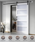 Dope Double Glass Barn Door Kit With 8 Ft Hardware 21 By 84 Inch MDF Slab Door With Frosted Tempered Glass installed in home