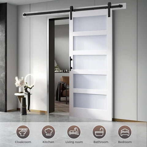 Dope Double Glass Barn Door Kit With 8 Ft Hardware 21 By 84 Inch MDF Slab Door With Frosted Tempered Glass installed in home