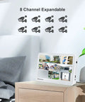 4K 8 Channel POE NVR With 12 Inch Screen And Local HDMI Output For 8MP And 4K IP Cameras Supports Up To Eight 8MP Or 4K Cameras 8 By 8MP 4K Ready HDD Not Included Plug And Play PoE Setup, showing security system interface on a nightstand