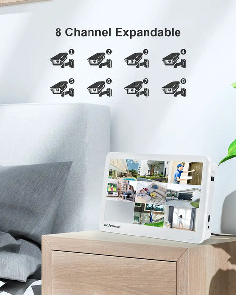 4K 8 Channel POE NVR With 12 Inch Screen And Local HDMI Output For 8MP And 4K IP Cameras Supports Up To Eight 8MP Or 4K Cameras 8 By 8MP 4K Ready HDD Not Included Plug And Play PoE Setup, showing security system interface on a nightstand