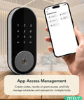 Built In WiFi Smart Deadbolt With Keypad For Keyless Entry And App Control, Auto Lock, 150 Plus Codes, Ideal For Home, Airbnb And Rentals, Works With Alexa And Google Assistant, shown with smartphone app.