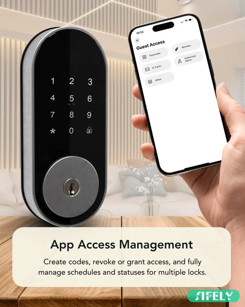 Built In WiFi Smart Deadbolt With Keypad For Keyless Entry And App Control, Auto Lock, 150 Plus Codes, Ideal For Home, Airbnb And Rentals, Works With Alexa And Google Assistant, shown with smartphone app.