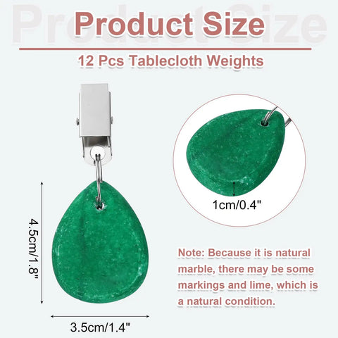 12 Pack Marble Tablecloth Weights With Teardrop Metal Clips, Green Stone, Size Dimensions Featured