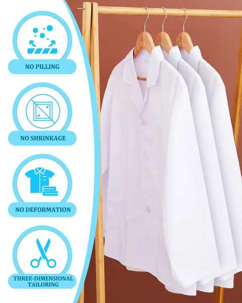 White Unisex Lab Coat With 3 Pockets For Men And Women, 3-Piece Set hanging on rack, no pilling, shrinkage, or deformation icons
