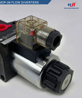 Close-up of hydraulic solenoid flow diverter valve, 6-port 2-position, transparent housing, metal body, knurled knob