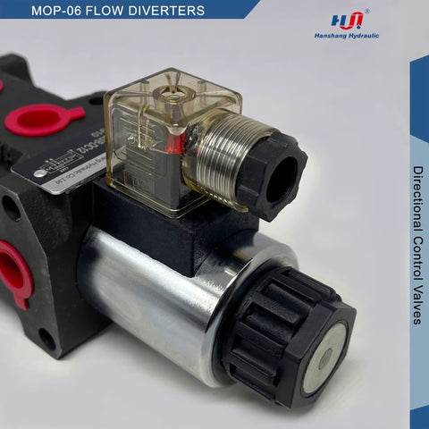 Close-up of hydraulic solenoid flow diverter valve, 6-port 2-position, transparent housing, metal body, knurled knob