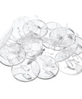 Super Stealthy Child Proof Outlet Covers 12 Pack Ultra Clear Plastic Electrical Safety Plugs stacked together on a white background.