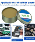 No Clean Solder Flux Paste For Electronics And Plumbing Repairs tin with images of circuit board soldering, phone repair, components.
