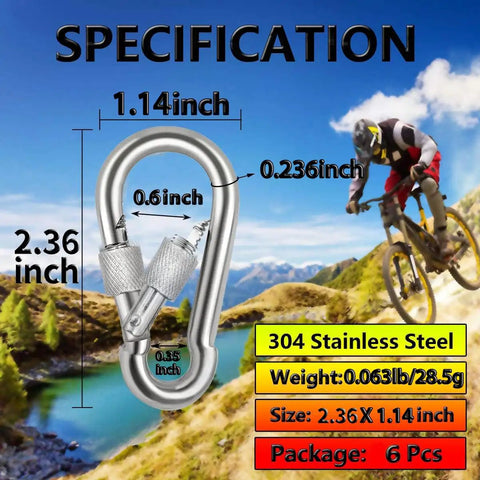 Beefy Locking Carabiner Clips 2.36 Inch Heavy Duty Stainless Steel 6 Pack With Thumb Screw Spring Hooks 304 Premium Gear Clip