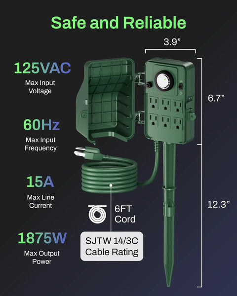 Outdoor Power Stake Timer With Six Grounded Outlets, 24-Hour Mechanical Timer, Waterproof, 6 Foot Extension Cord, ETL Listed