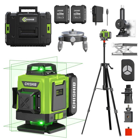 Green Laser Level Kit With 16 Lines 4X360 Degree 4D Self Leveling Cross Line Laser Rotary Base And Accessories displayed.
