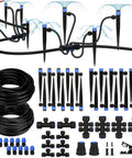 Long Reach Drip Irrigation System Kit With 6 Way Connectors, 230 Feet Of Main Supply And Distribution Tubing, displayed with sprayers.