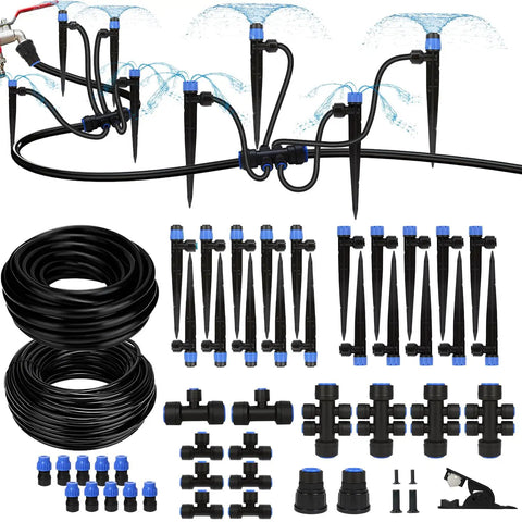 Long Reach Drip Irrigation System Kit With 6 Way Connectors, 230 Feet Of Main Supply And Distribution Tubing, displayed with sprayers.