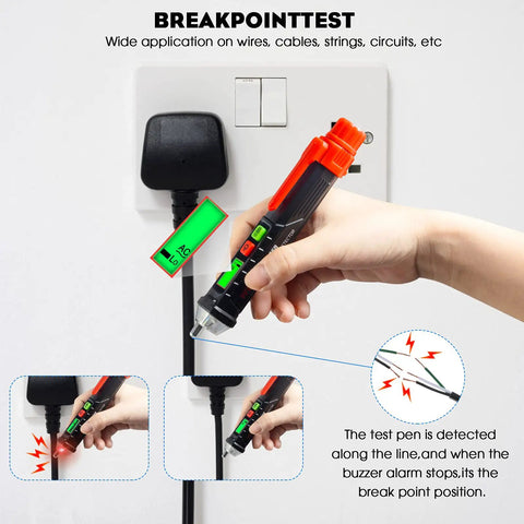 Person using Dual Range Non Contact AC Voltage Tester With LCD Display And Buzzer Alarm to locate wire breakpoint near socket.