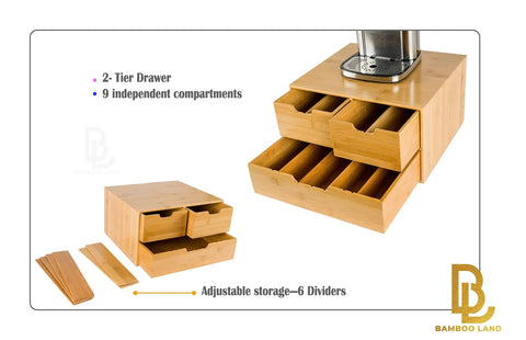 Extra Large Bamboo K Cup Holder And 2 Tier Counter Organizer Drawer with sliding compartments and adjustable storage dividers