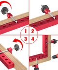 Red aluminum 7.1 Inch 90 Degree Positioning Squares Right Angle Clamps for Woodworking, shown in different setups with long L-bolt for strong grab.