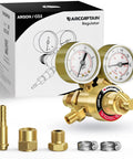 Front view of ARCCAPTAIN argon/CO2 regulator with dual gauges and brass fittings, includes adapters and hose clamps.