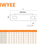 Illustration of HWYEE connector dimensions with various pitch row sizes and measurements for Top Shelf Heavy Duty Bus Bar Connectors With Two Point Two Inch Pitch Row Red Copper Terminal Blocks Nickel Plated For Battery Wiring Rig Ready Setup Includes Zero Hassle M6 Hardware.