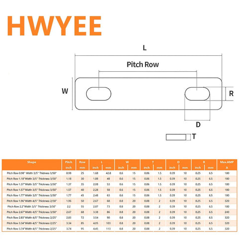 Illustration of HWYEE connector dimensions with various pitch row sizes and measurements for Top Shelf Heavy Duty Bus Bar Connectors With Two Point Two Inch Pitch Row Red Copper Terminal Blocks Nickel Plated For Battery Wiring Rig Ready Setup Includes Zero Hassle M6 Hardware.