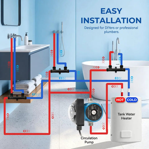 Hot Water Recirculating Pump Kit For Tank Water Heater With Programmable Timer installed in bathroom with pipes and valves.
