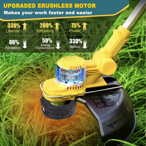 Cordless Weed Wacker For Dewalt 20V Max Battery Compatible 4 In 1 Electric Weed Eater motor close-up on grass