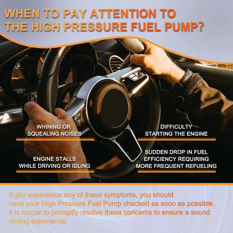 Driver holding steering wheel with symptoms of failing high pressure fuel pump listed: noise, stalling, difficulty starting, fuel drop.