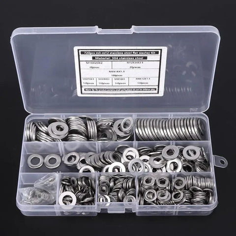 Your Go To Flat Washer Kit 720 Pieces Set In 304 Stainless Steel Assortment Sizes From M3 To M12 Rust Resistant Gasket Washers displayed