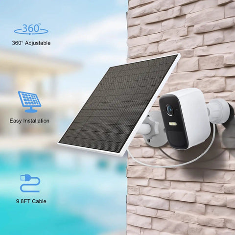 Outdoor Camera Solar Panel Charger 5W Compatible With Eufycam 3C 3 2C 2C Pro 2 2 Pro E20 E40 E L40 L20 IP65 Waterproof 9.8ft Charging Cable Adjustable Wall Mount 1 Pack mounted on wall