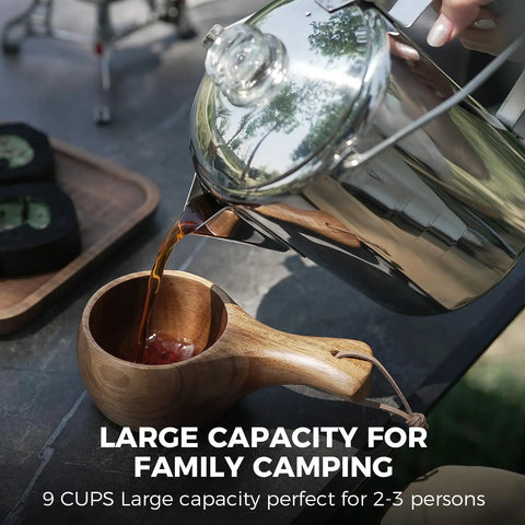 Pouring coffee from Percolator Coffee Pot For Campfire Ready Hit The Trail 9 Cup Stainless Steel Kettle With Wood Handle