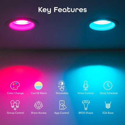 BR30 Smart LED Bulb With WiFi Multicolor RGB Dimmable And Energy Efficient 16 Million Colors Works With Alexa And Google Assistant Hands Free Voice Control A No Brainer For Living Room Or Bedroom 4 Pack. Image shows lit bulbs.