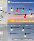 Comparison of multicolor outdoor string lights with 25 sockets, 27 LED bulbs. Highlighted use for patio decor, waterproof design.