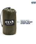 DryFly Rain Tarp Ultralight Hammock Shelter packed in a travel-ready stuff sack, showing compact storage for camping and backpacking.