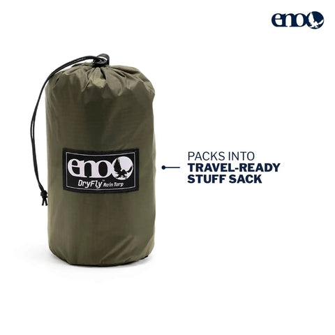 DryFly Rain Tarp Ultralight Hammock Shelter packed in a travel-ready stuff sack, showing compact storage for camping and backpacking.