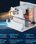Heavy Duty 12V Propane Tankless Water Heater 55000 BTU showing internal components and heat exchanger with copper pipes.