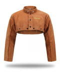 Rugged Full Grain Cowhide Welding Cape Sleeve With Kevlar Stitched Panels And Flame Resistant Barrier Against Flying Sparks And Hot Slag Shop Ready And Built To Go The Distance, showcasing brown cowhide with a cropped design.