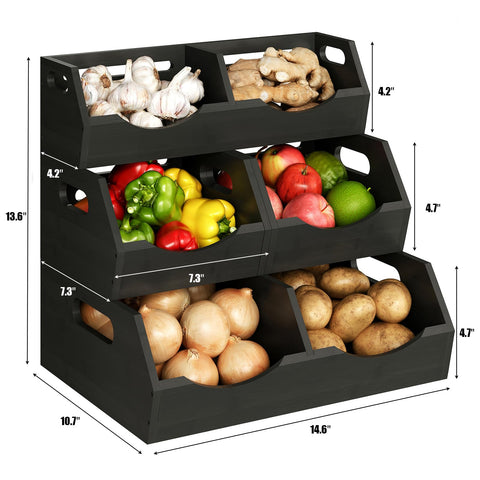 Ventilated 3 Tier Potato And Onion Organizer With Bamboo Pantry Bins Stackable Storage For Kitchen Pantry Countertop And Bathroom Keeps Veggies Fresh Longer Black with mixed vegetables displayed