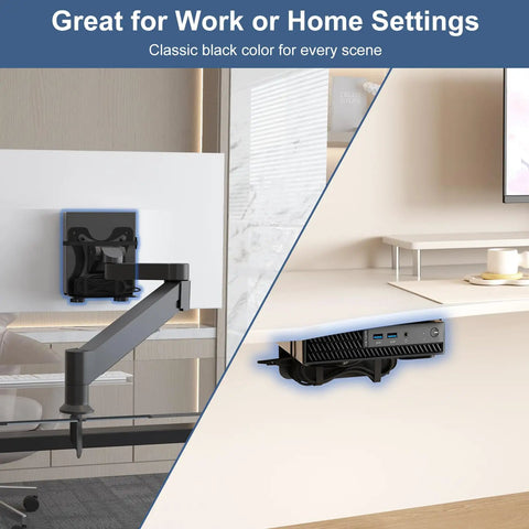 Adjustable Mini PC Mount Bracket on wall securely holds a compact desktop near a clean workspace, easy setup for Mac Mini.