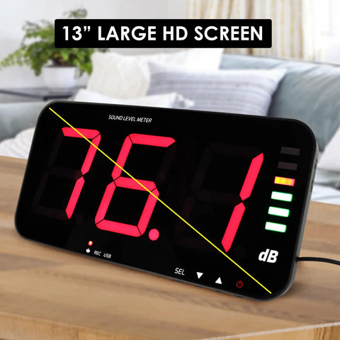 Pro Grade Decibel Meter And Sound Level Meter With 13 Inch HD Display On Wooden Table