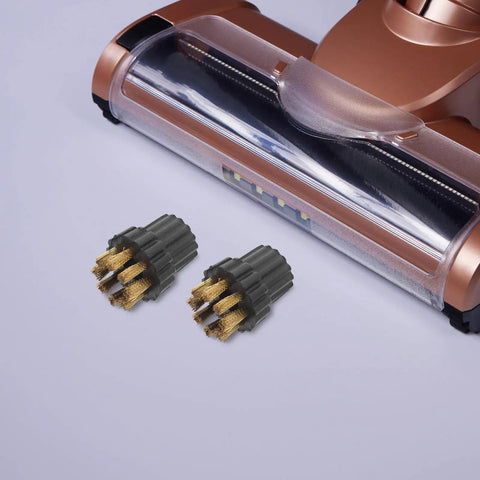 Heavy Duty M8 Steam Cleaner Brush Heads 6 Piece Replacement Kit With Copper And Plastic Bristles Designed For No Sweat Swapping And Kick Some Serious Floor Grime On Commercial Machines, showing two brushes with copper bristles.