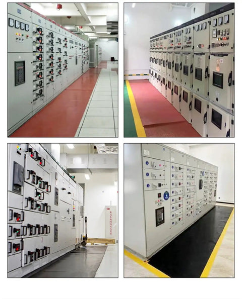 Top Notch Job Site Ready Heavy Duty Rubber Insulating Mat Badass Grip Non Slip Safety Cover For Electrical Rigs And Switchboards Blocks High Voltage Shock Guard placed in an electrical control room.
