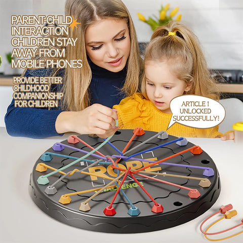 Mother and daughter playing Rope Untangling Puzzle Game For Kids And Adults, Educational Strategy Board Game with colorful ropes