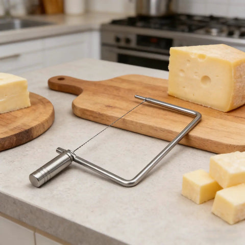 Rock Solid Stainless Steel Cheese Slicer Accessories For Hard Cheddar And Butter No Sweat Wire Cutter on countertop with cheeses.